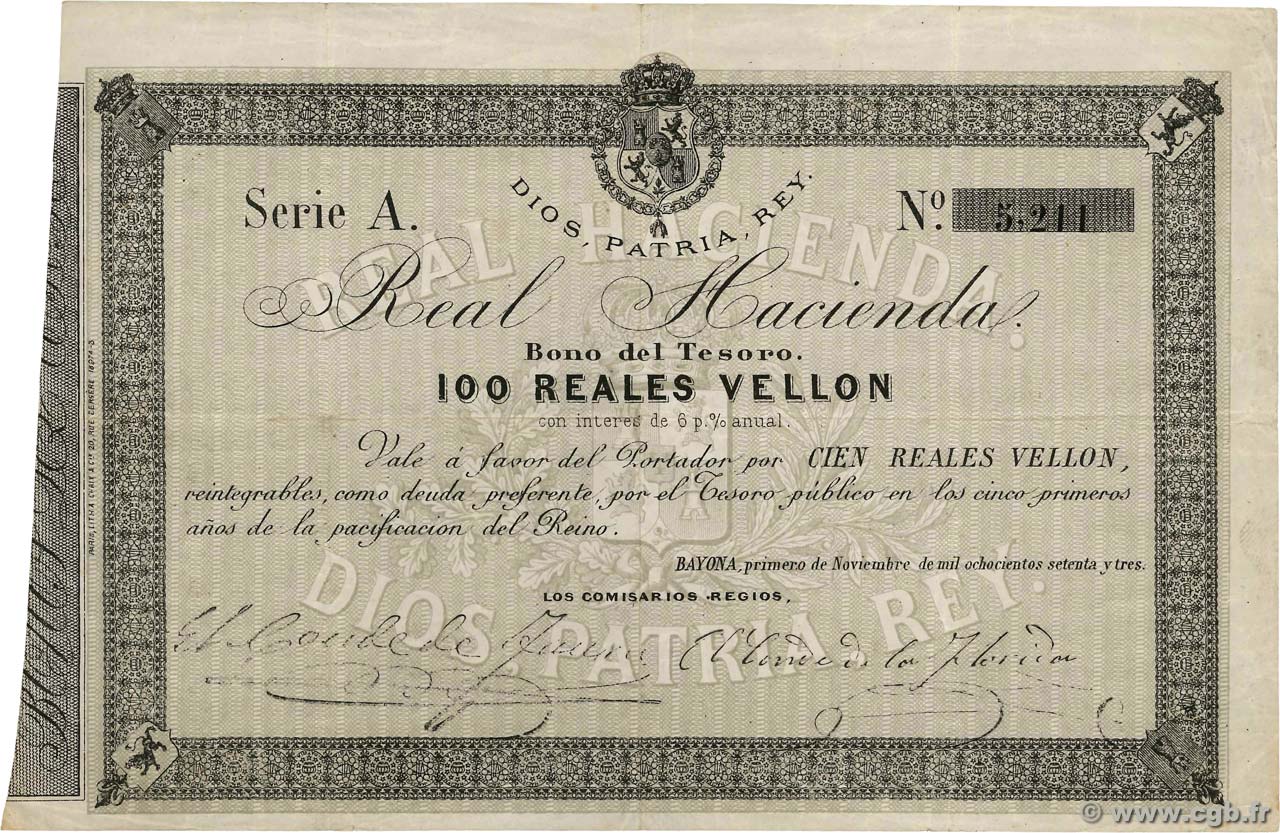 100 Reales Vellon SPAGNA Bayona 1873 P.- BB