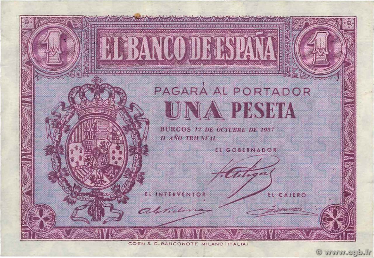 1 Peseta SPAIN  1937 P.104a VF+