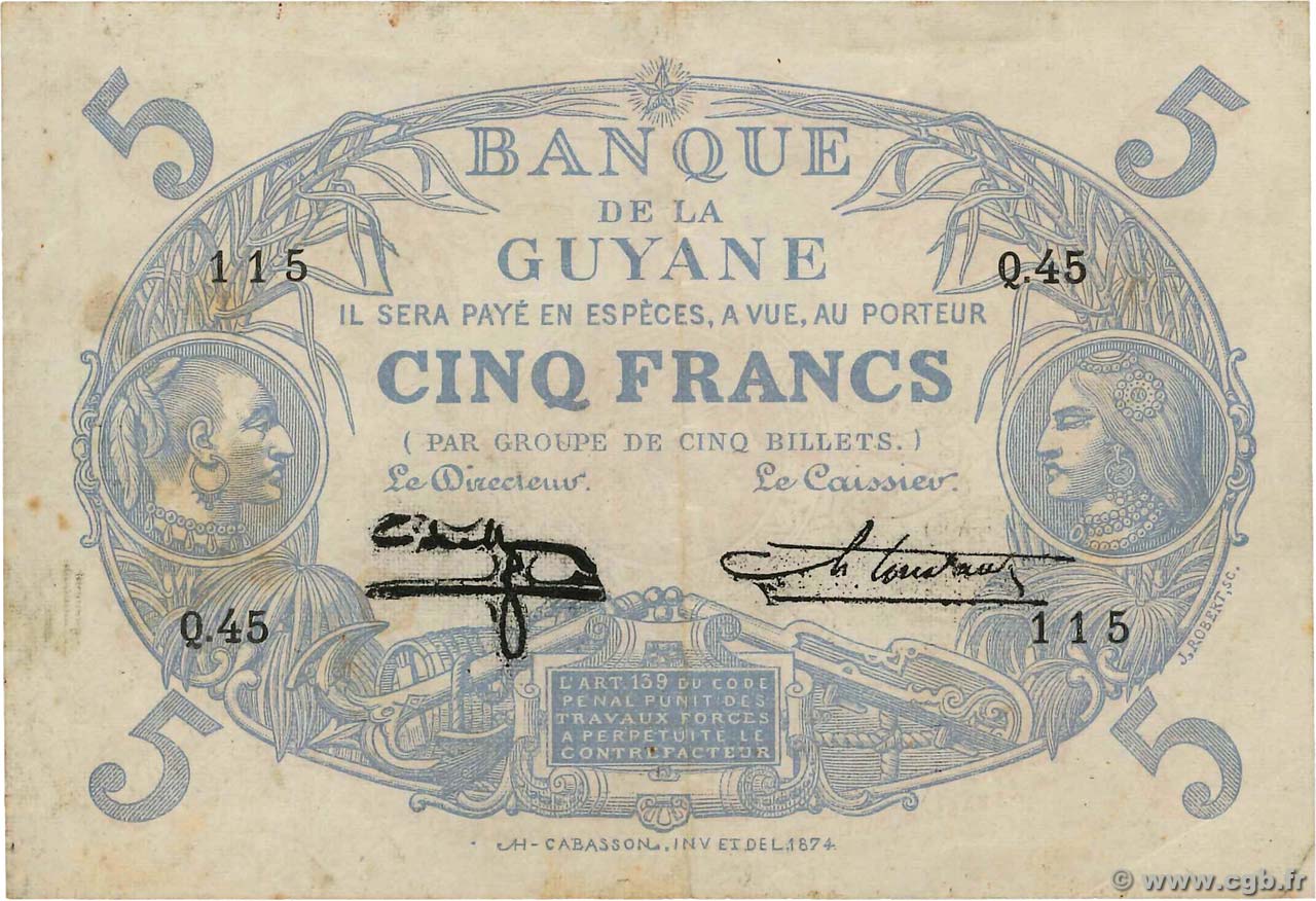 5 Francs Cabasson bleu FRENCH GUIANA  1944 P.01d VF