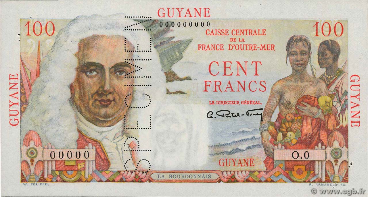 100 Francs La Bourdonnais Spécimen FRENCH GUIANA  1946 P.23s AU-