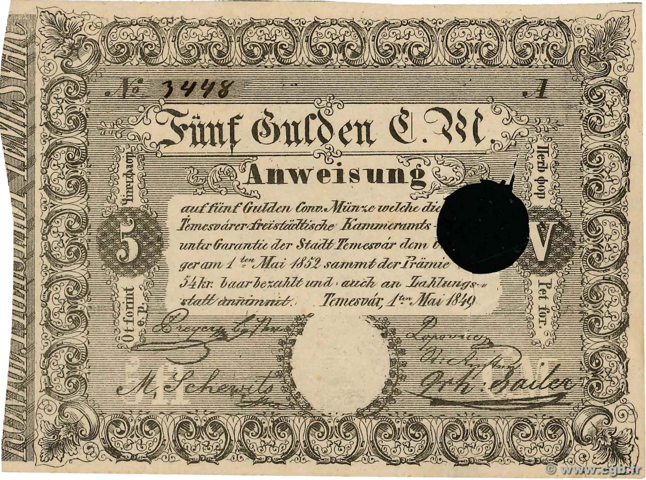 5 Gulden C.M. Annulé HUNGRíA Temesvar 1849 PS.197b EBC+