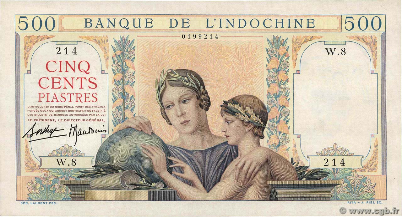 500 Piastres FRENCH INDOCHINA  1939 P.057 AU-
