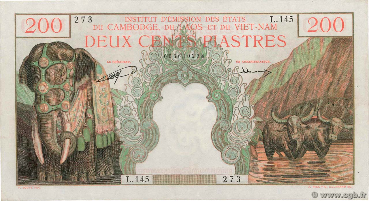 200 Piastres - 200 Dong INDOCINA FRANCESE  1953 P.098 AU