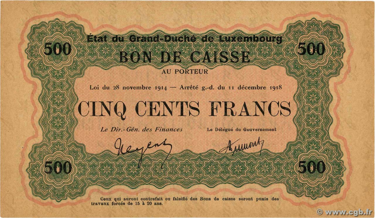 500 Francs Non émis LUXEMBURG  1919 P.33a fST+