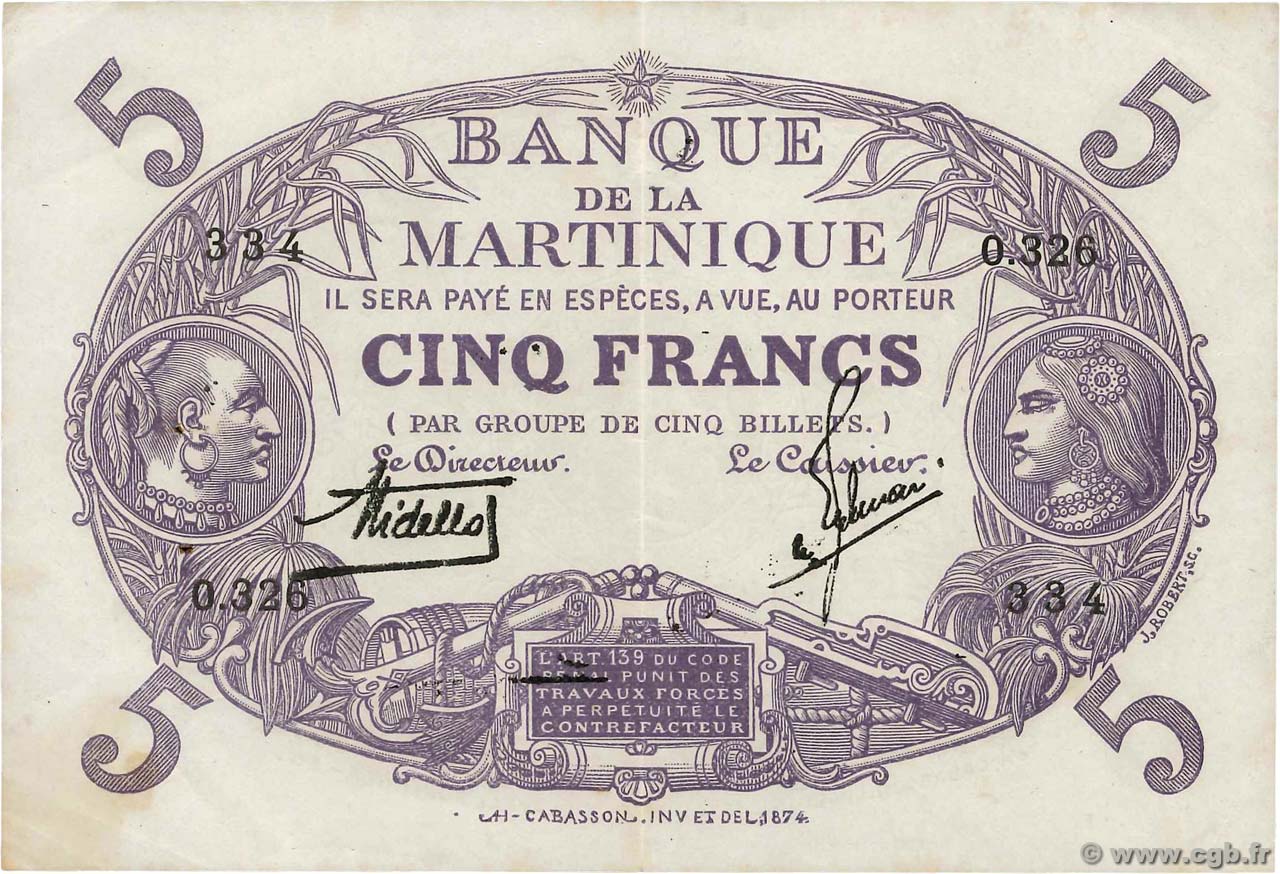 5 Francs Cabasson violet MARTINIQUE  1934 P.06 fVZ