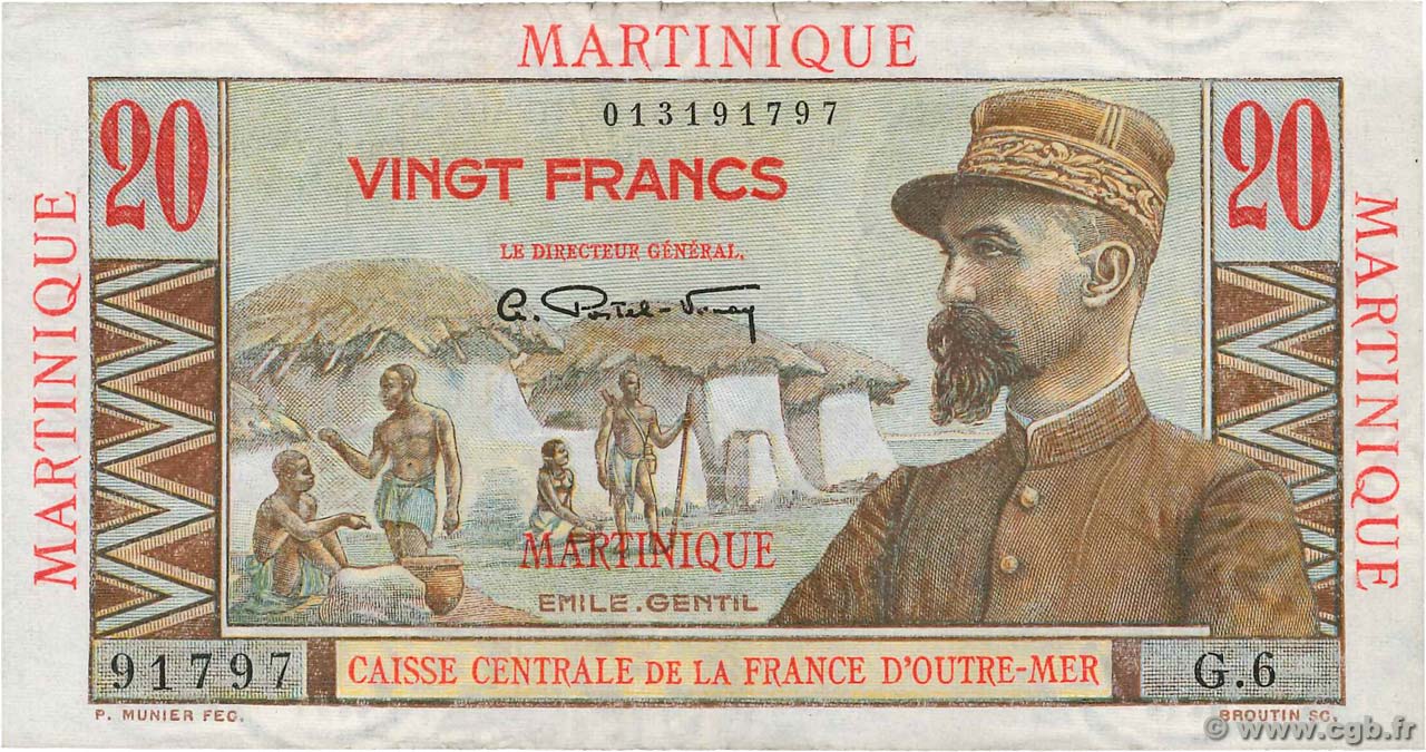 20 Francs Émile Gentil MARTINIQUE  1946 P.29 VF-