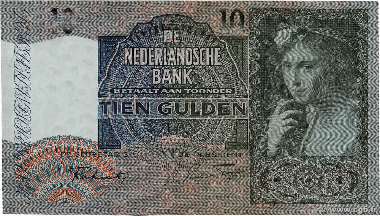10 Gulden NETHERLANDS  1942 P.056b AU+