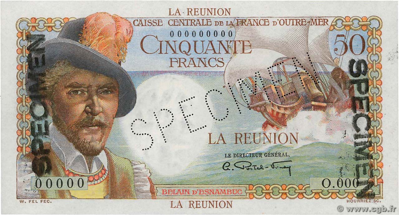 50 Francs Belain d Esnambuc Spécimen REUNION INSEL  1946 P.44s fST+