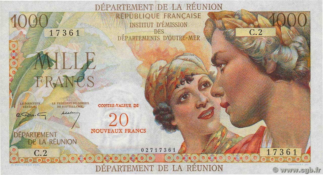 20 NF sur 1000 Francs Union Française ISOLA RIUNIONE  1971 P.55b SPL+