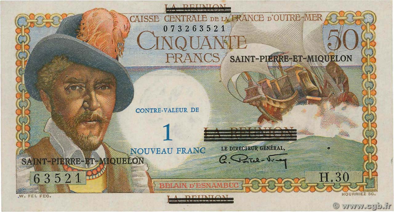 1 NF sur 50 Francs Belain d Esnambuc SAINT-PIERRE UND MIQUELON  1960 P.30b VZ