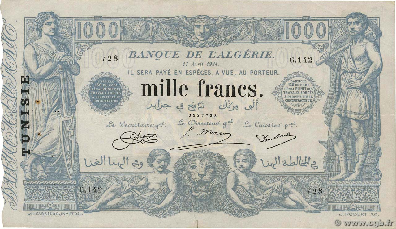 1000 Francs TUNISIE  1924 P.07b TTB+
