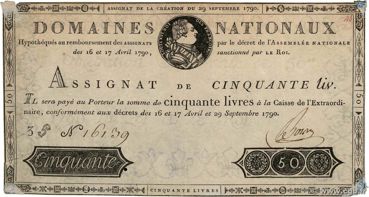 50 Livres FRANCE  1790 Ass.04var VF