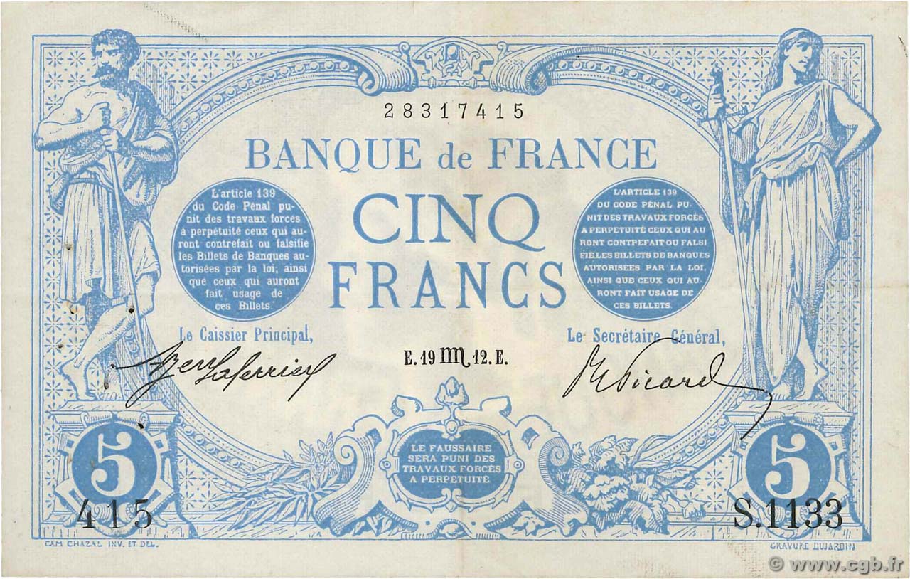 5 Francs BLEU FRANKREICH  1912 F.02.08 fVZ