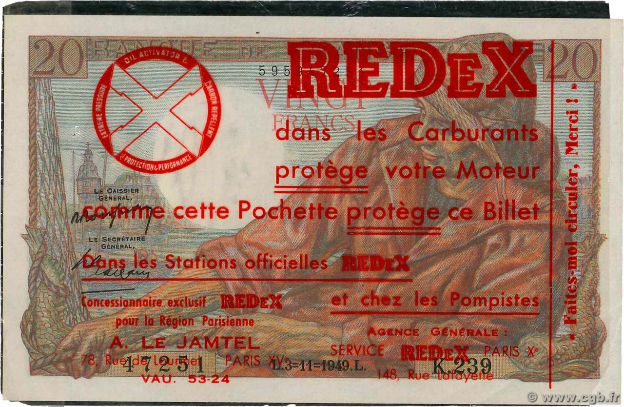 20 Francs PÊCHEUR Publicitaire FRANKREICH  1949 F.13.16 fVZ