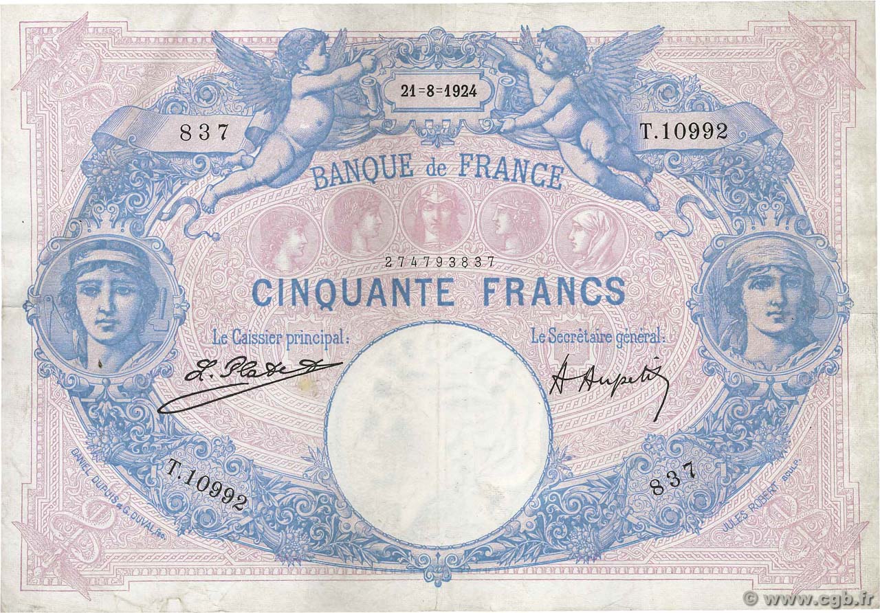 50 Francs BLEU ET ROSE FRANCIA  1924 F.14.37 MBC