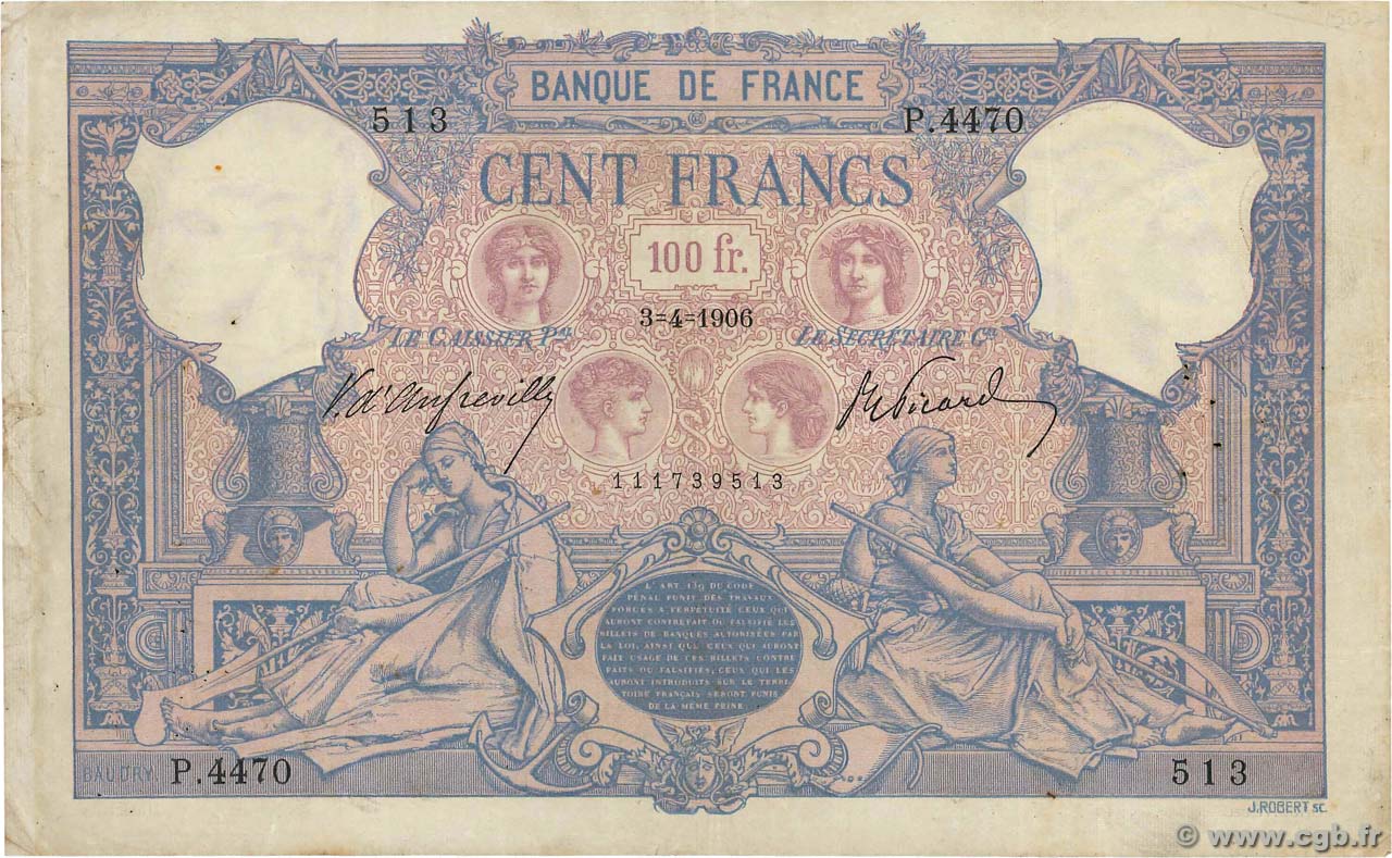 100 Francs BLEU ET ROSE FRANCIA  1906 F.21.20 MB