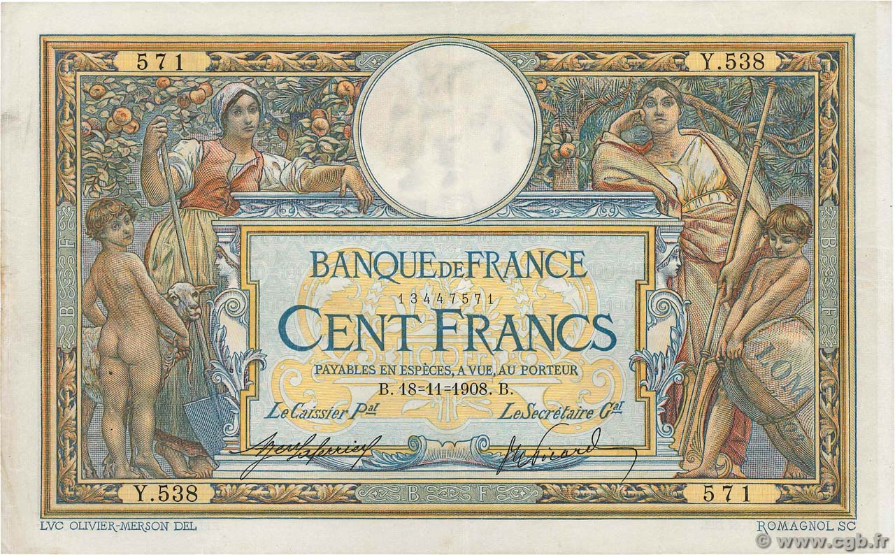 100 Francs LUC OLIVIER MERSON avec LOM FRANCIA  1908 F.22.01 q.SPL