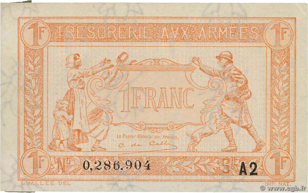 1 Franc TRÉSORERIE AUX ARMÉES 1919 FRANKREICH  1919 VF.04.14 VZ