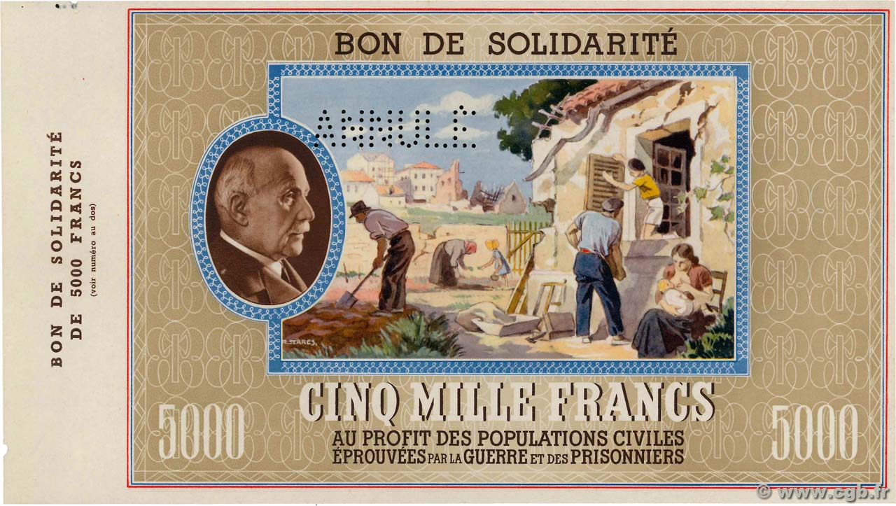 5000 Francs BON DE SOLIDARITE Annulé FRANCE regionalism and various  1941 KL.13Bs UNC-