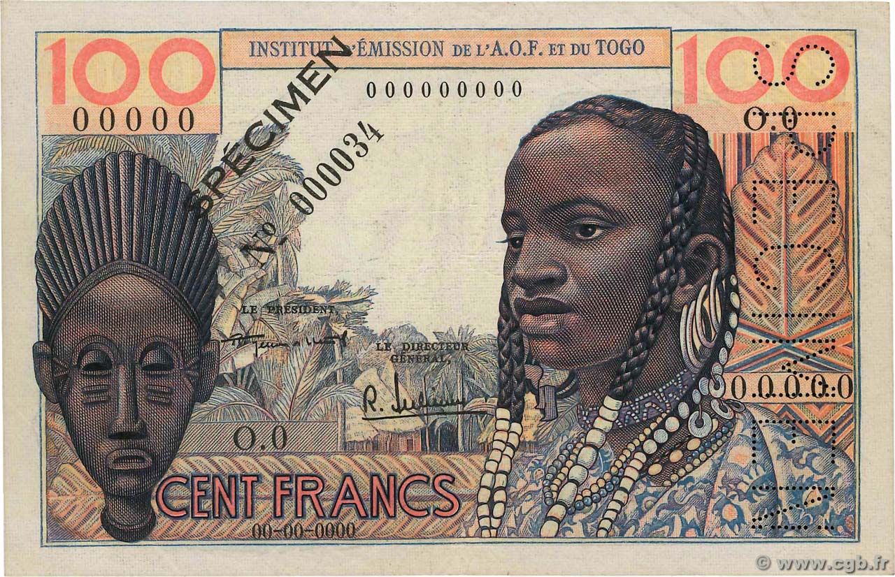 100 Francs Spécimen FRENCH WEST AFRICA  1956 P.46s VF