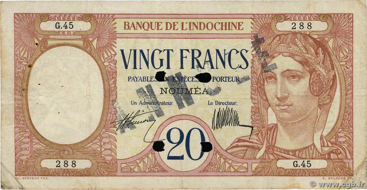 20 Francs Annulé NOUVELLE CALÉDONIE  1929 P.37as BC