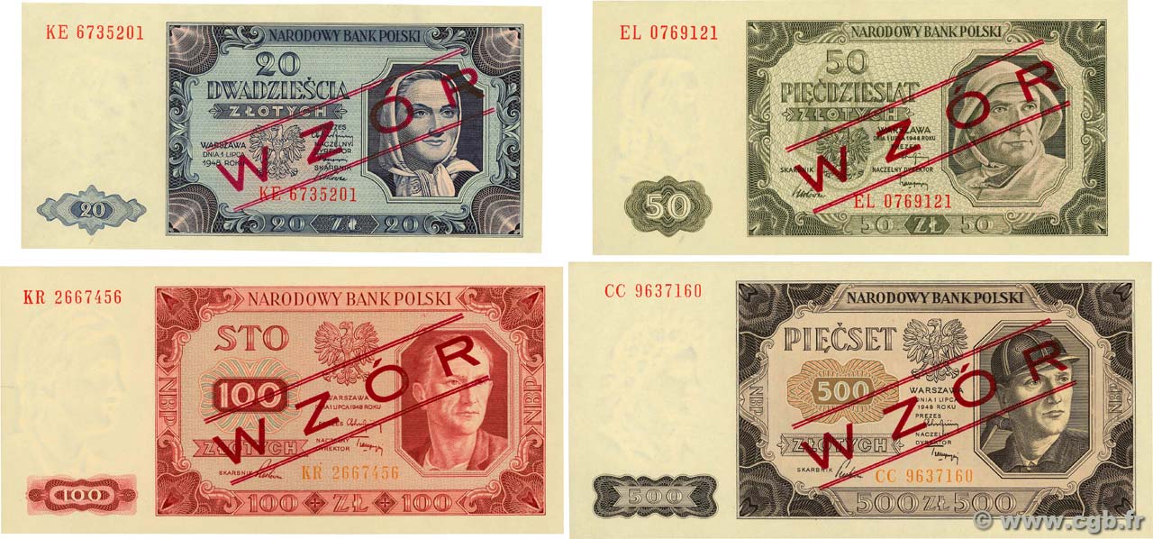20 à 500 Zlotych Spécimen POLONIA  1948 P.137s-140s q.FDC