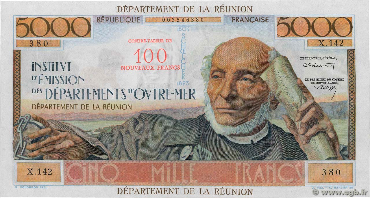 100 NF sur 5000 Francs Schoelcher ISLA DE LA REUNIóN  1971 P.56b SC+