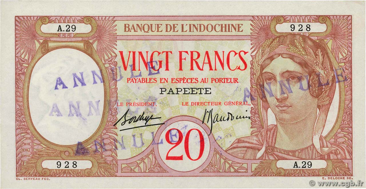 20 Francs Annulé TAHITI  1936 P.12cs EBC+