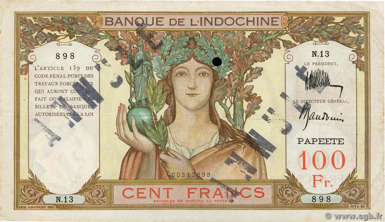 100 Francs Annulé TAHITI  1931 P.14as MB