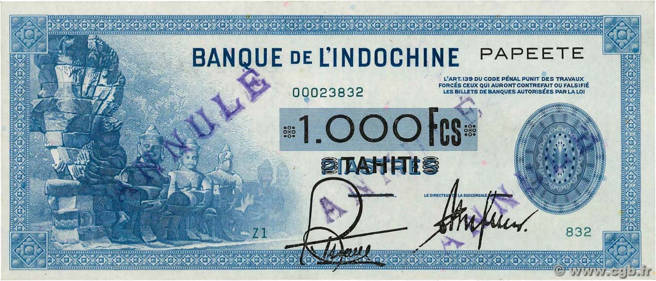 1000 Francs Annulé TAHITI  1943 P.18bs EBC