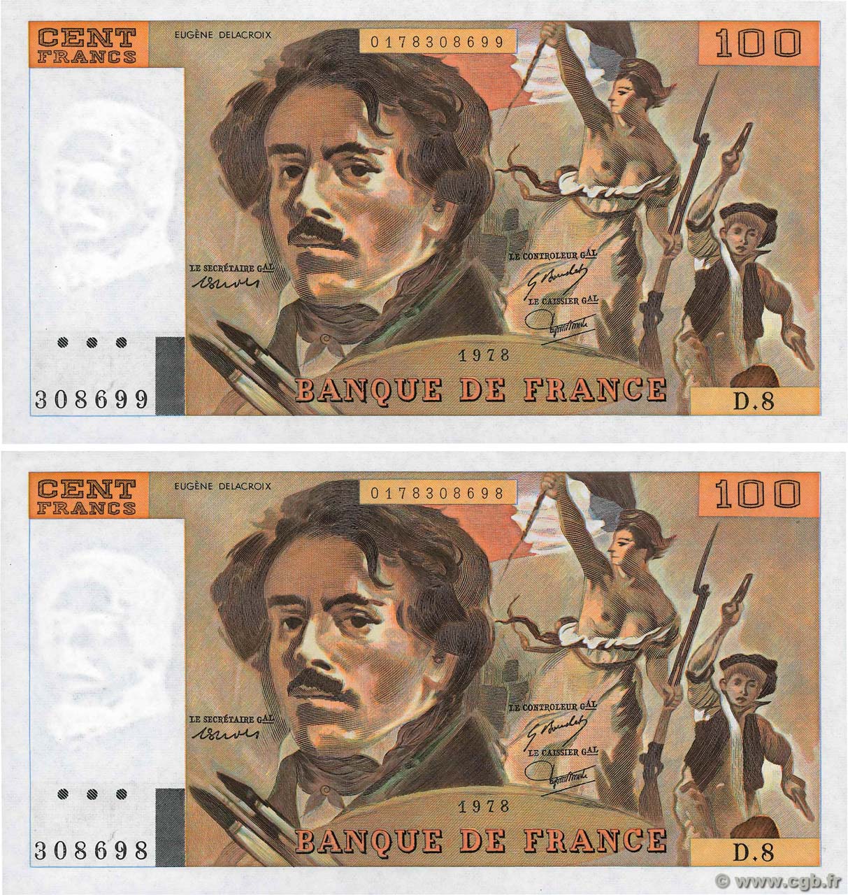100 Francs DELACROIX modifié Consécutifs FRANCE  1978 F.69.01e UNC-