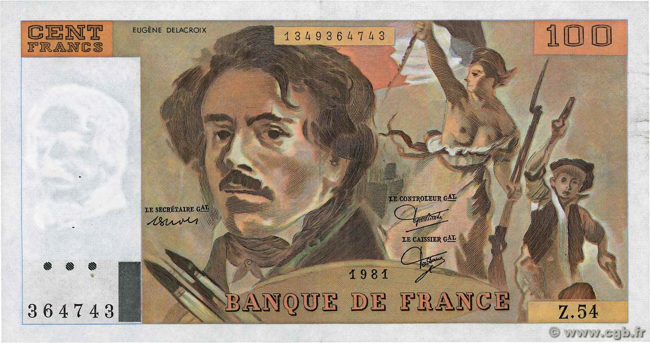 100 Francs DELACROIX modifié FRANCE  1981 F.69.05 XF