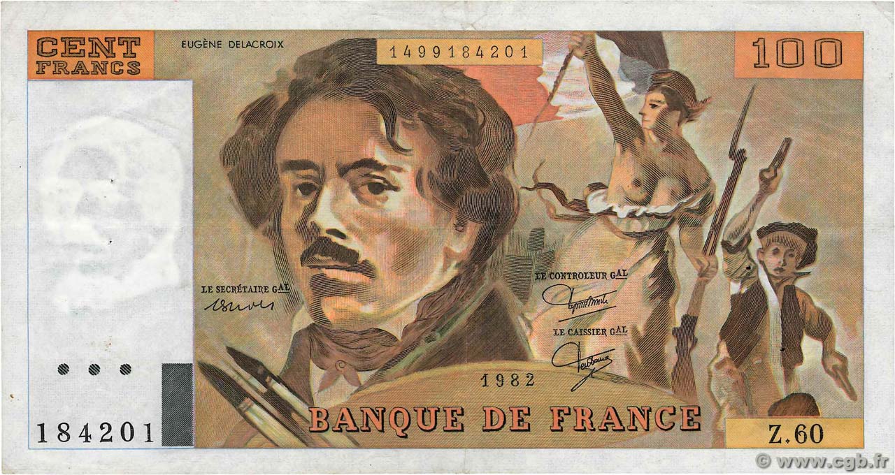 100 Francs DELACROIX modifié FRANCE  1982 F.69.06 VF