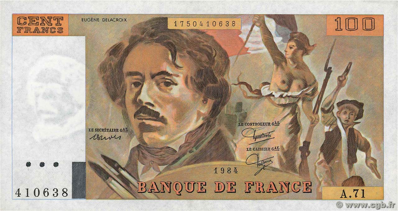 100 Francs DELACROIX modifié Fauté FRANCE  1984 F.69.08a UNC-