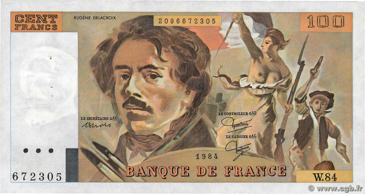 100 Francs DELACROIX modifié FRANCE  1984 F.69.08a VF+