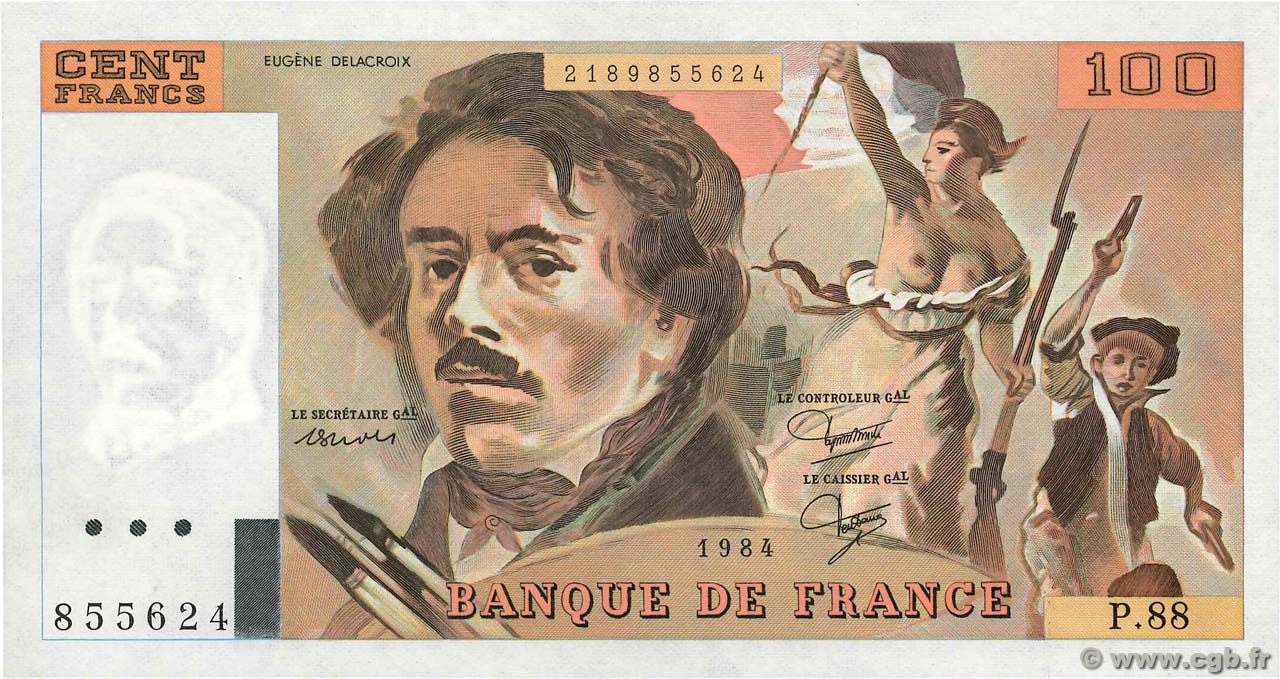 100 Francs DELACROIX  UNIFACE FRANCE  1984 F.69U.08 UNC