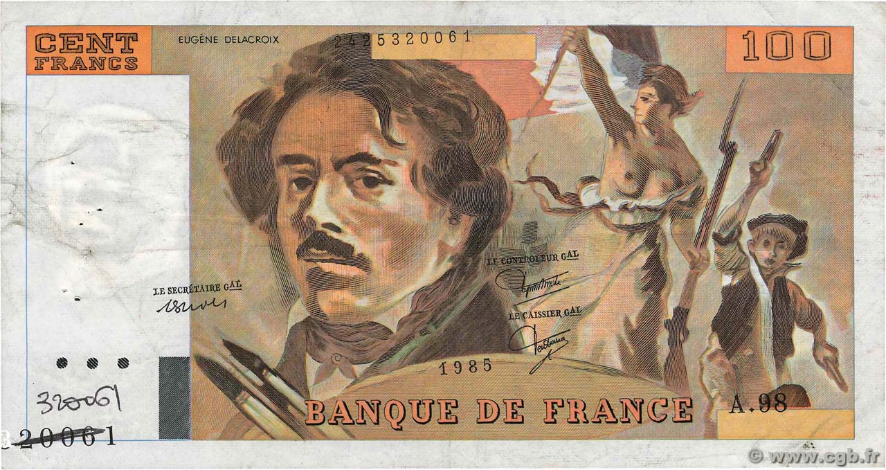 100 Francs DELACROIX modifié Fauté FRANCE  1985 F.69.09 VF