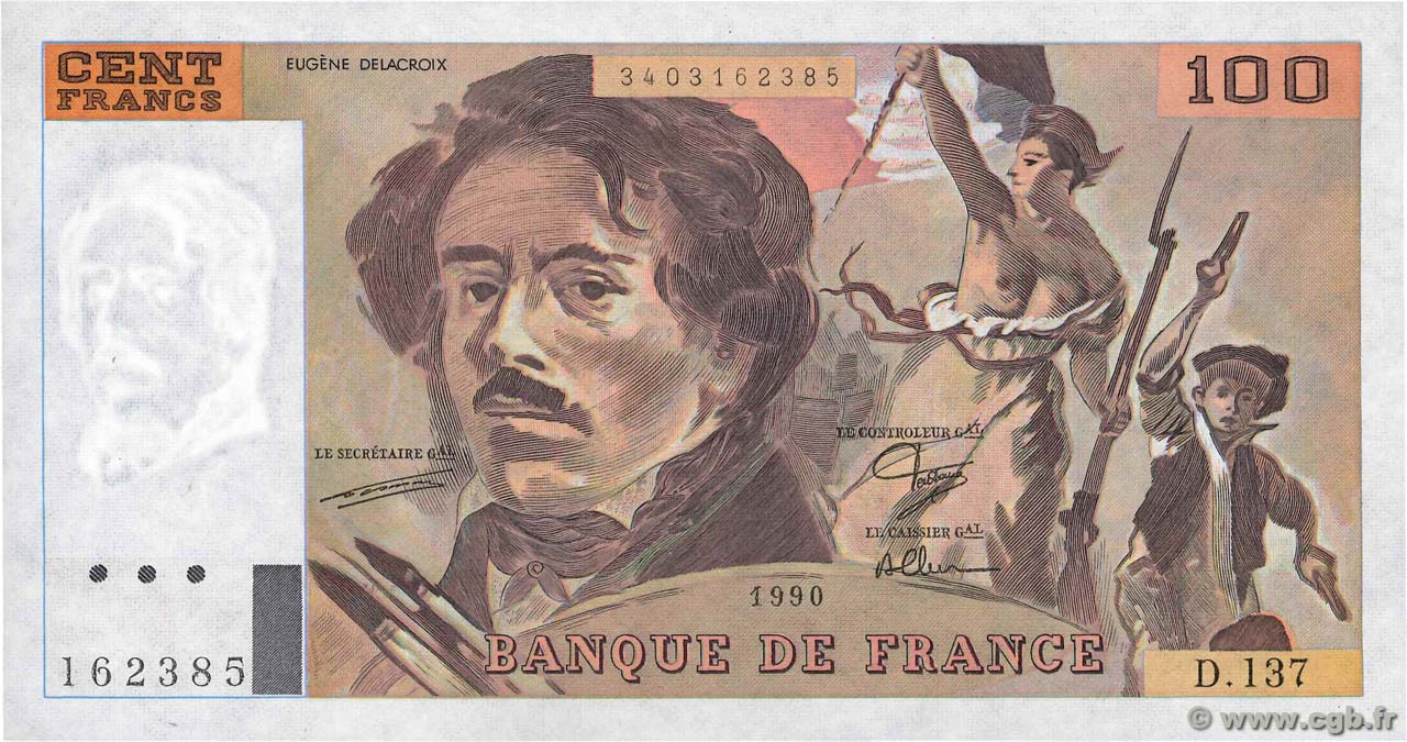 100 Francs DELACROIX imprimé en continu FRANCIA  1990 F.69bis.01a EBC+