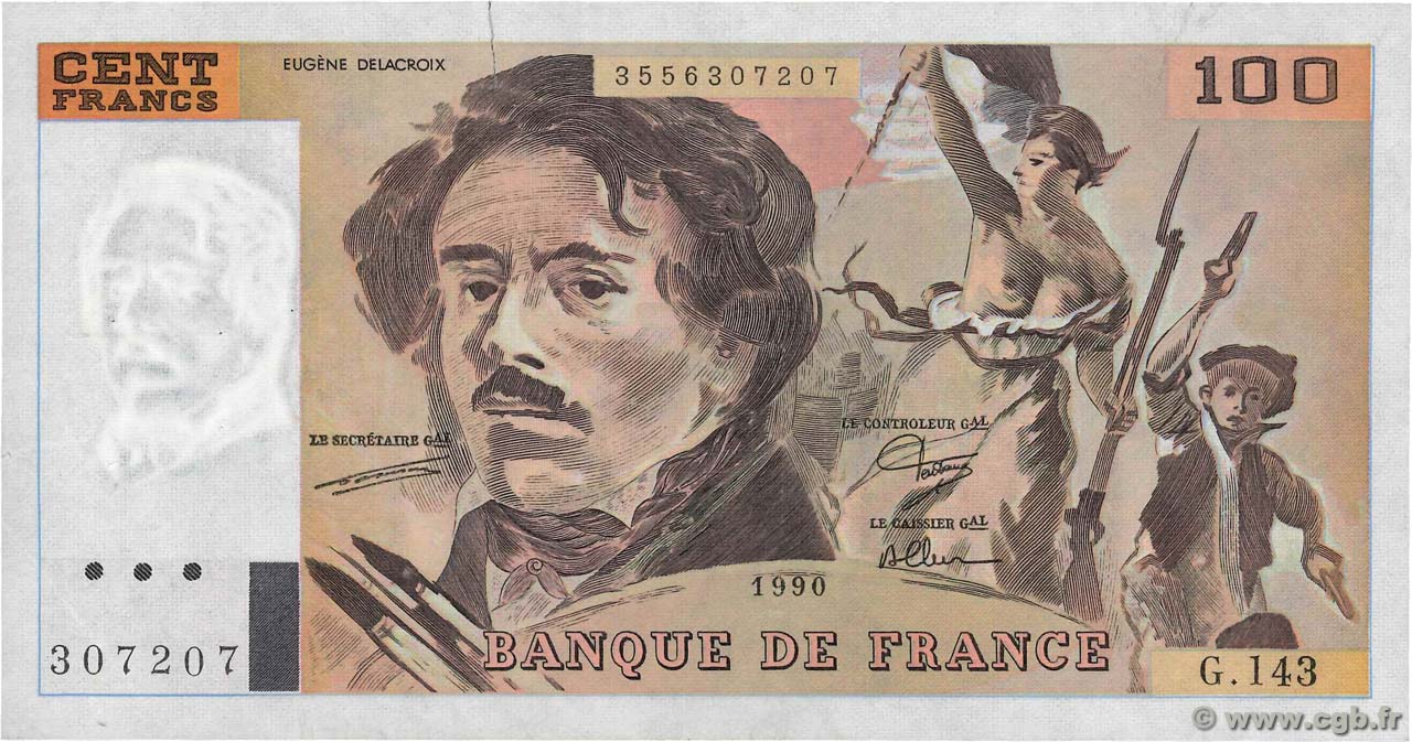 100 Francs DELACROIX imprimé en continu FRANCE  1990 F.69bis.01bG XF-