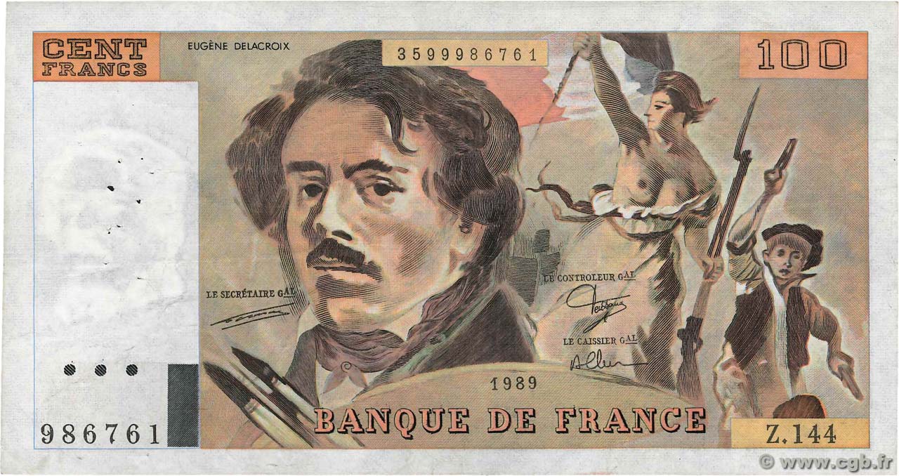 100 Francs DELACROIX modifié FRANCE  1989 F.69.13c VF