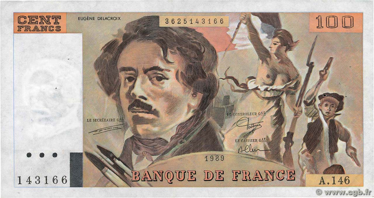 100 Francs DELACROIX modifié FRANCE  1989 F.69.13c VF+