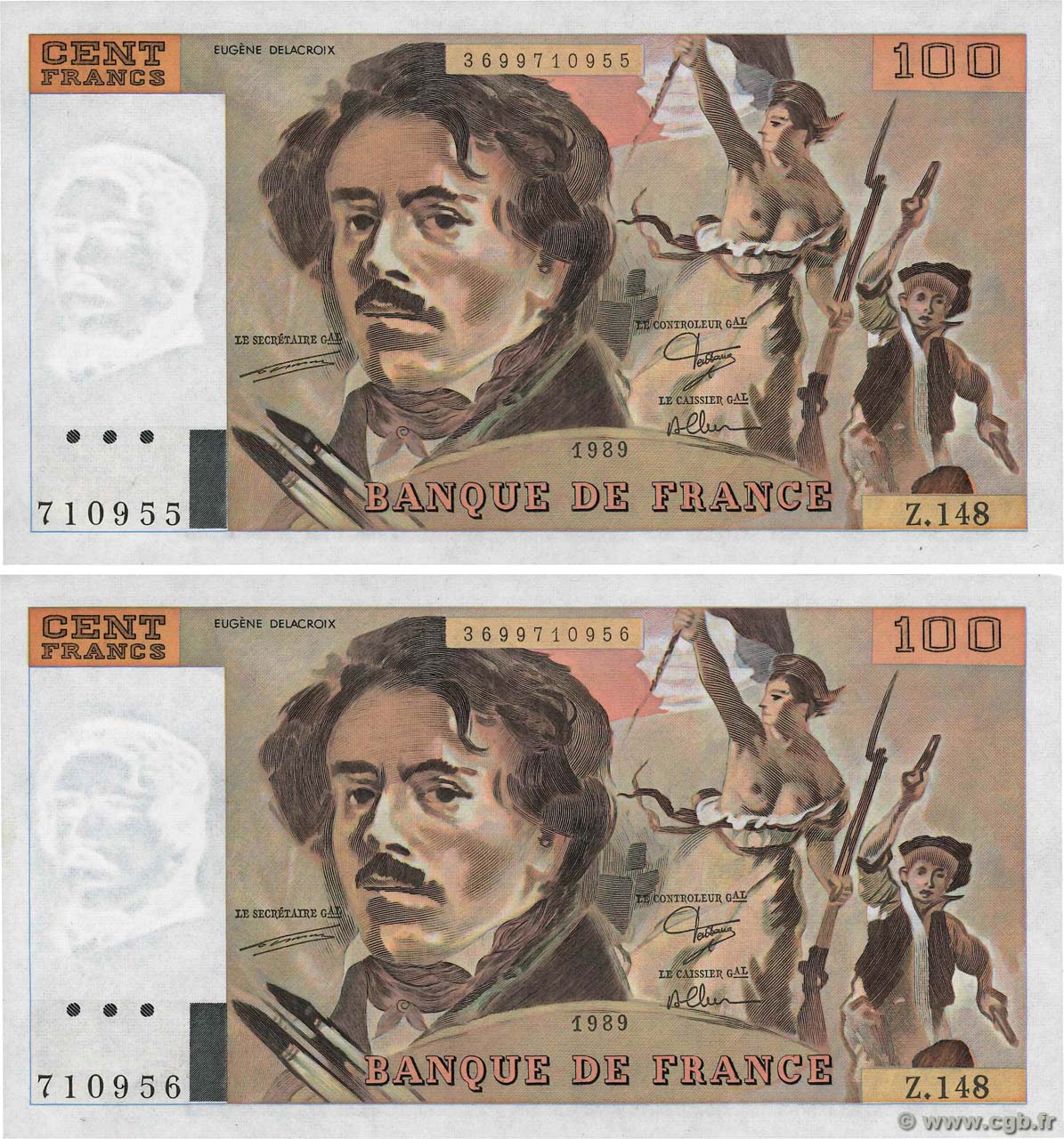 100 Francs DELACROIX modifié Consécutifs FRANCE  1989 F.69.13c UNC