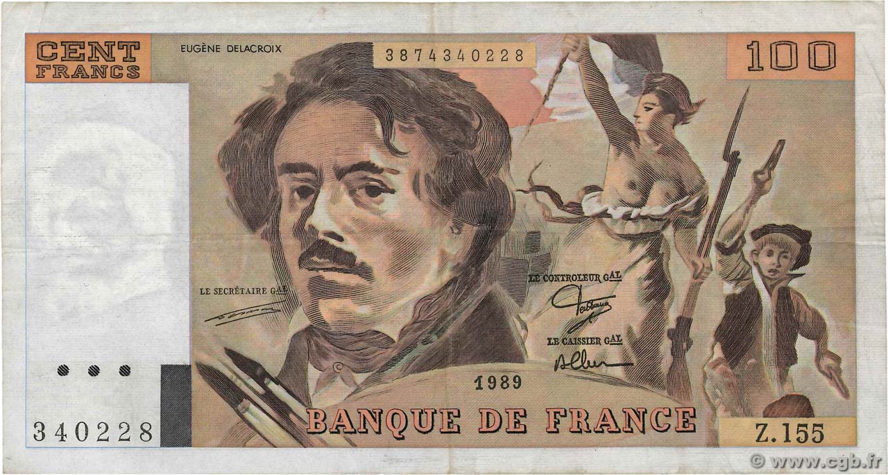 100 Francs DELACROIX modifié FRANCE  1989 F.69.13d VF