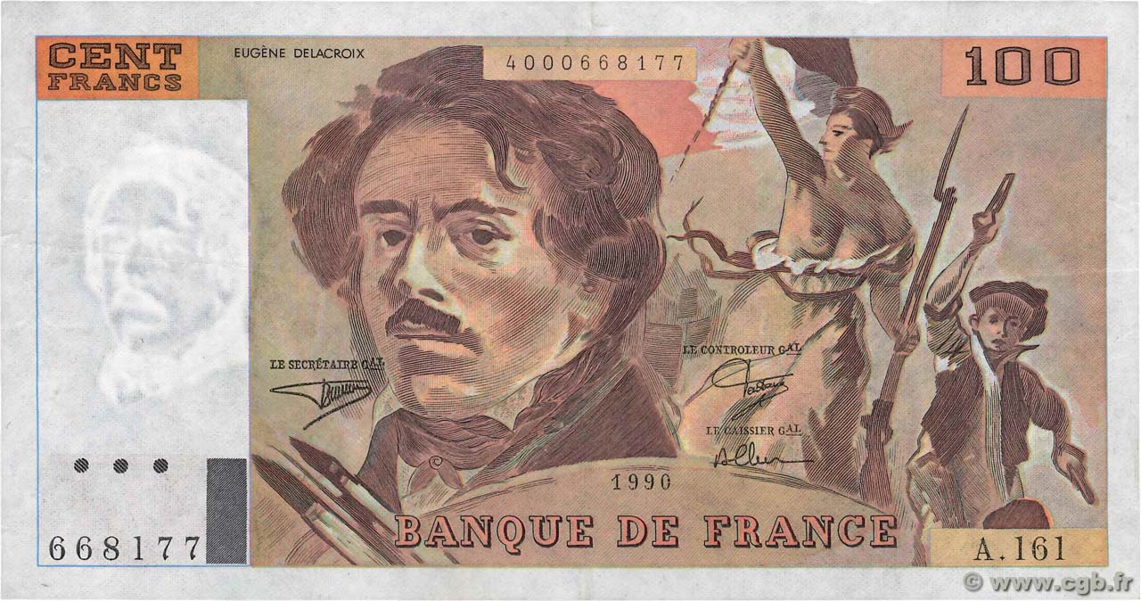 100 Francs DELACROIX imprimé en continu FRANCE  1990 F.69bis.02b VF