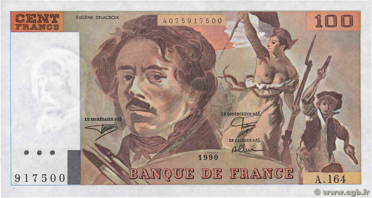 100 Francs DELACROIX imprimé en continu Fauté FRANCIA  1990 F.69bis.02b SC+