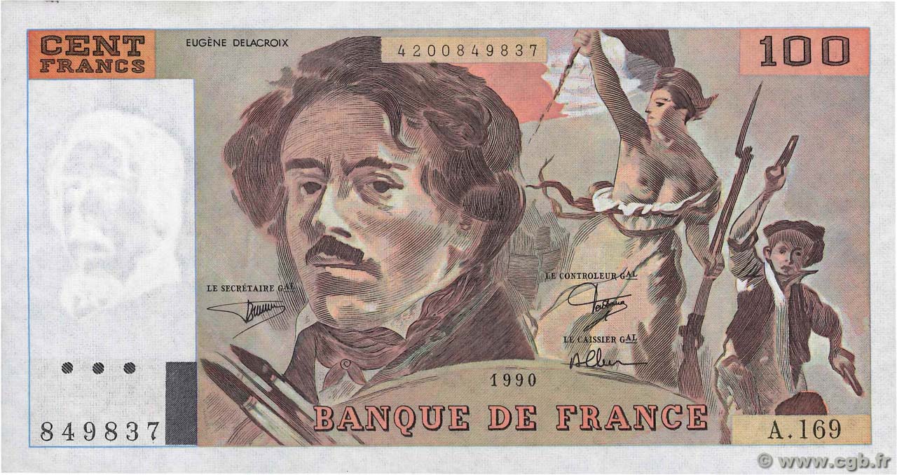 100 Francs DELACROIX imprimé en continu FRANCE  1990 F.69bis.02b XF