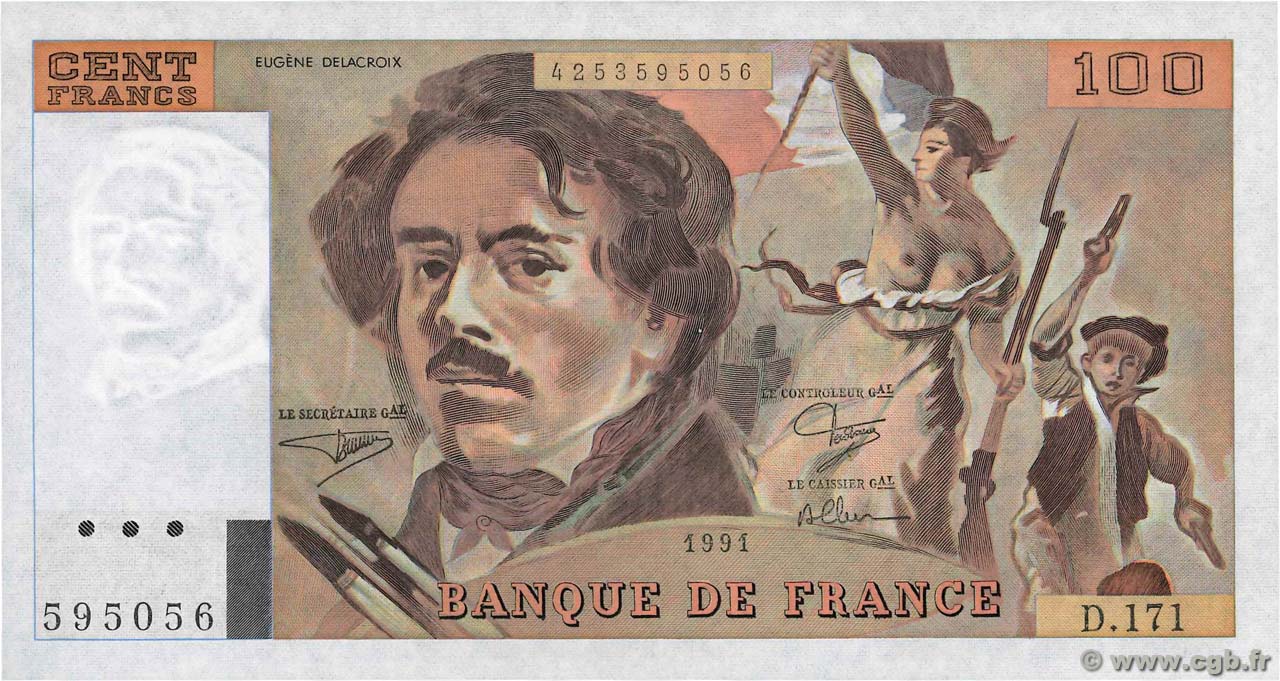 100 Francs DELACROIX imprimé en continu FRANCIA  1991 F.69bis.03a2 q.FDC