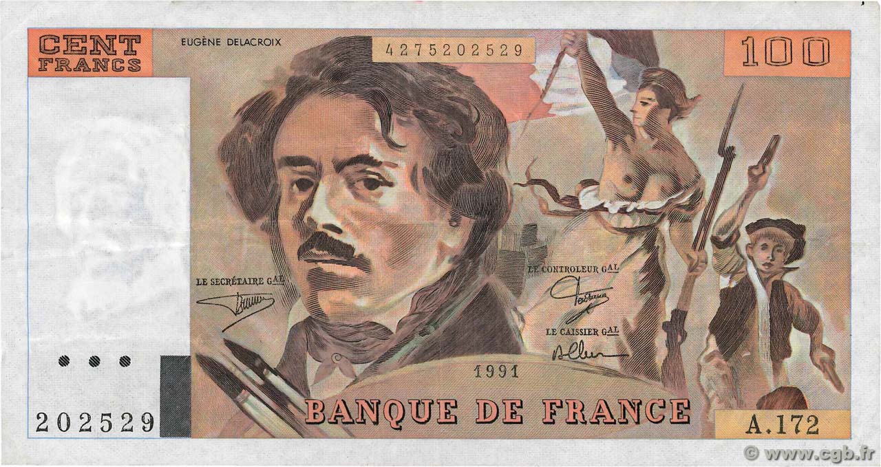 100 Francs DELACROIX imprimé en continu FRANCE  1991 F.69bis.03a4 VF+