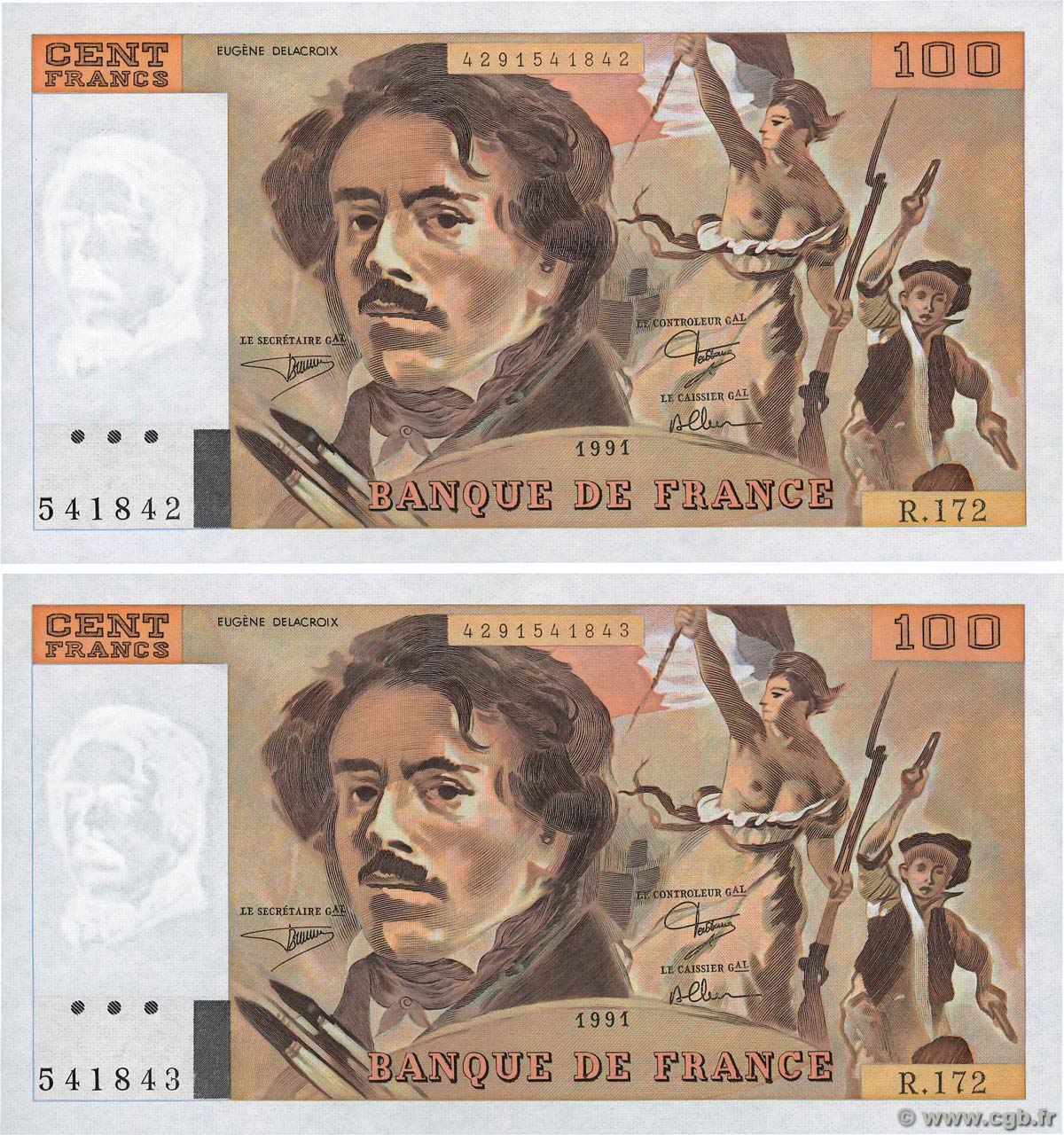 100 Francs DELACROIX imprimé en continu Consécutifs FRANCIA  1991 F.69bis.03a4 q.FDC