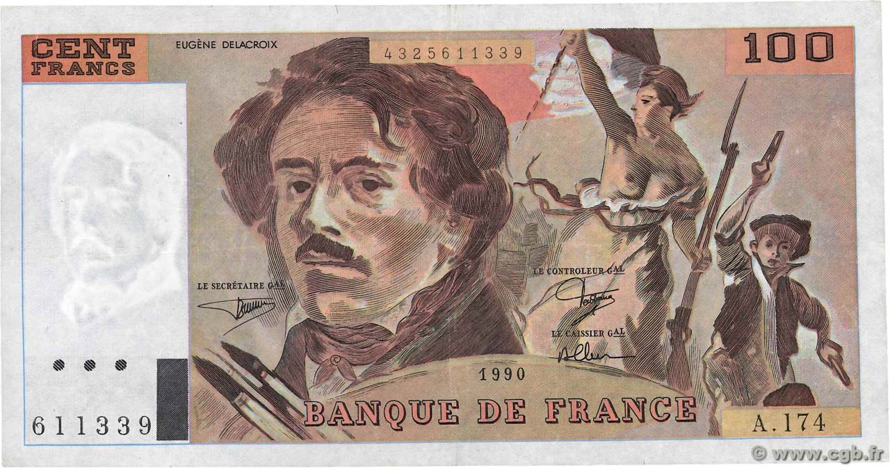 100 Francs DELACROIX imprimé en continu FRANCE  1990 F.69bis.02c VF